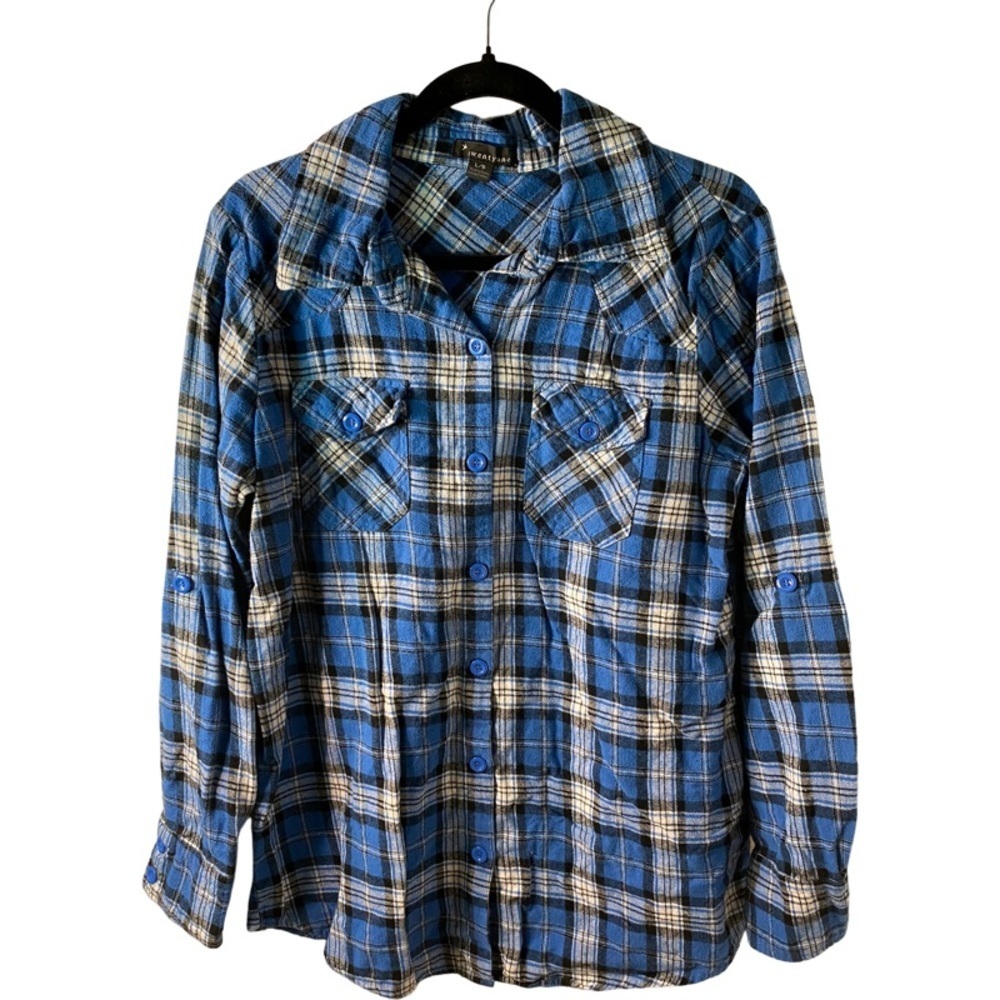 Twenty one button down flannel. Size L. Blue plaid. Nice colors, cozy and cute!
